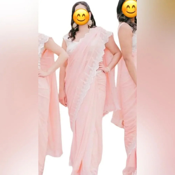 Blush/Petal Pink Lace Sari - 3 piece set - Picture 2 of 14